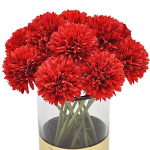 Blooming Paradise 10Pcs Artificial Fake Flower Plants Silk Chrysanthemum Ball Hydrangea Arrangements Wedding Bouquets Decor Home Kitchen Garden Party Table Floral Centerpieces DIY (Red)