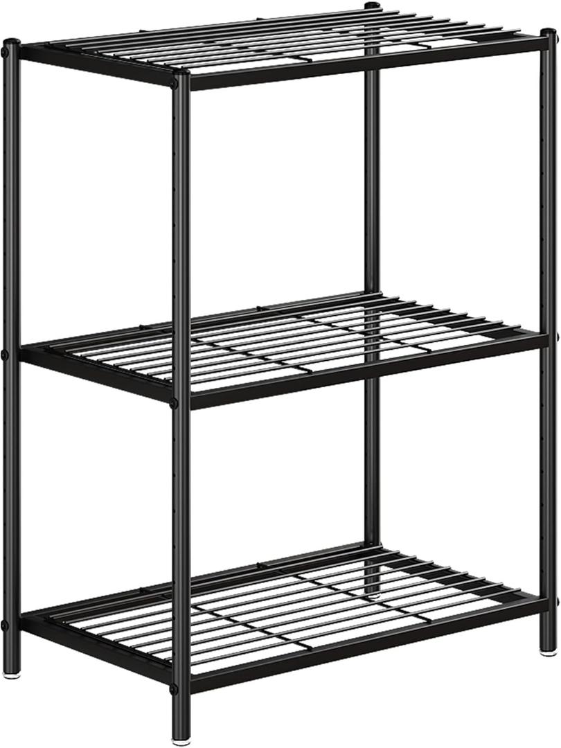 3Tier Adjustable HeightStorage Shelves Black Metal Shelf Organizer, Wire Shelving Unit and Storage, Standing Storage Rack for Kitchen, Pantry, Garage, Room, Basement(black, 3-Shelf No wheels)