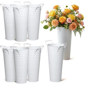 8 Pcs 9 Inch High Galvanized Flower Bucket, Metal Flowers Vases with Handles White Vintage French Farmhouse Flower Holder for Cut Flowers, Wedding, Table Centerpiece Decor4.3 Inch Wide