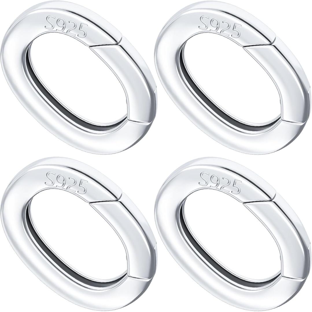 4 PCS 925 Sterling Silver Lobster Clasp, Oval Necklace Shortener Spring Ring Connector Clasp, Necklace Enhancer Shortener, Carabiner Snap Clip Lock for Women - 0.39 in