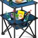 Folding Camping Table, Portable Outdoor Picnic Table, Lightweight Square Camp Table with Built-in 4 Cup Holders Food Basket and Travel Bag for Barbeque Beach Camping and Tailgate Blue, 18.9'' * 18.9'' * 23.6''