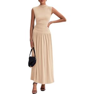 PRETTYGARDEN Women's 2 Piece Skirt Set 2025 Summer Ruched Tank Tops Ruffle Maxi Skirts Wedding Guest Matching Outfits (Beige,Medium)