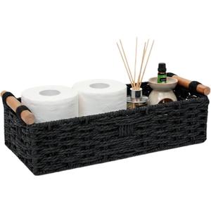 Back of Toilet Basket with Wood Handles, Black Wicker Toilet Paper Basket for Toilet Tank Top, Narrow Toilet Tank Basket, Bathroom Basket Organizer for Wipes & Essentials