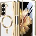 BERFY Upgraded Magnetic for Z Fold 6 Case with S Pen Holder, Compatible with Magsafe,[Built-in Screen Protector & Hinge Protection] Full-Body Plating Slim Phone Case for Samsung Galaxy Z Fold 6, Gold