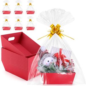 AFOROEOA 10PACK Baskets For Gifts Empty, 10 x 8”Thick Red Gift Basket with 10 Clear Gift Bags and 10 Pull Bows, Empty Gift Baskets for Christmas, Thanksgiving Wedding Birthday Party Wrapping Gift