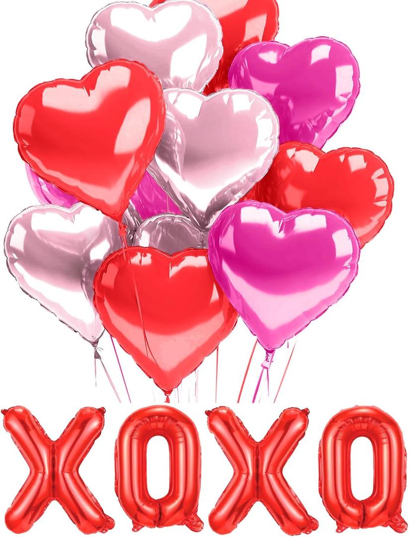 Heart Balloons XOXO Red Pink Fuchsia Mylar Heart Shaped Balloon for Valentines Day 12 Pack Foil Helium Decorations