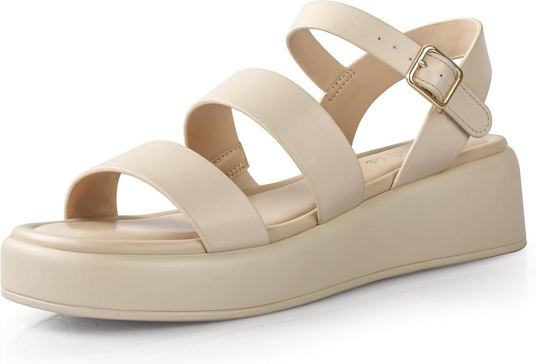 Ankis Platform Sandals Two Bands Open Toe Heeled Sandals with Adjustable Ankle Strap Comfortable and Lightweight Wedge Shoes in Summer (11, Nude Pu)