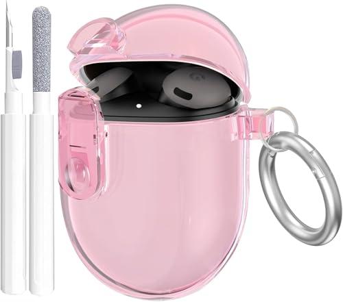 OTOPO Lock Case for Google Pixel Bud A-Series (2021) / Pixel Buds 2 Clear Case (2020) with Cleaner Kit, Soft TPU Transparent Protective Cover with Carabiner, Pink