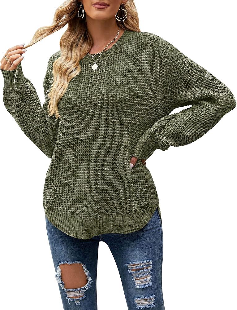 MEROKEETY Women's 2024 Fall Casual Fall Waffle Knit Sweater Long Balloon Sleeve Loose Pullover Jumper, M