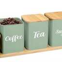 Tioncy Coffee Tea Sugar Container with Tray Set of 3 Airtight Metal Canister with Bamboo Lid Tray for Kitchen Counter Dining Room Farm House Kitchen Style Drink Station Organizer Set (Sage Green)