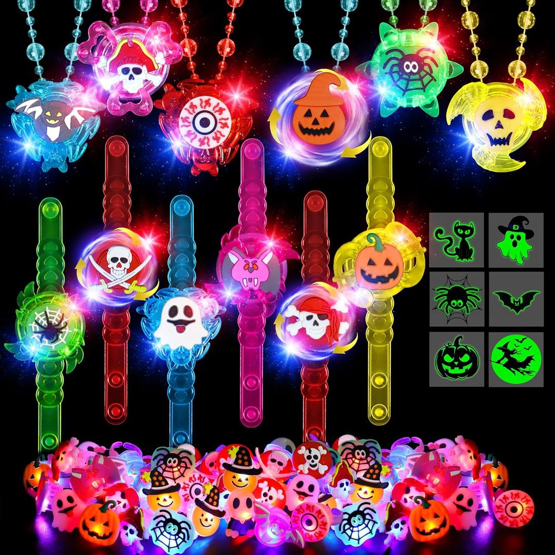 84PCS Halloween Party Favors for Kids, Glow in the Dark Toys Bulk Light up Rotating Necklaces Bracelets Rings Tattoos, Halloween Trick or Treats Toys Goodie Bag Stuffers Party Supplies Glow Sticks