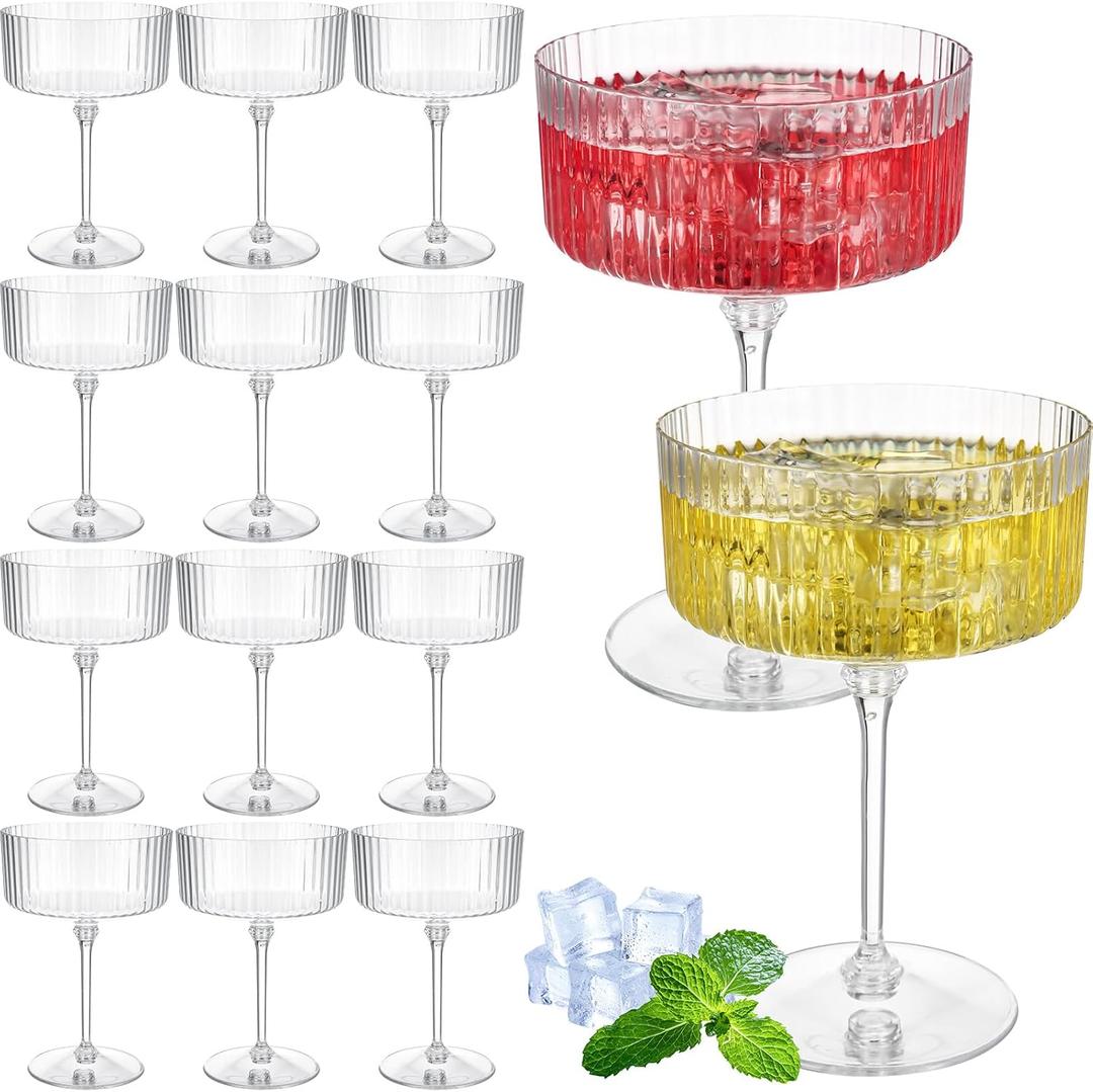 12 Pcs Ribbed Martini Glasses 10 oz Disposable Plastic Vintage Ribbed Coupe Glasses Cocktail Unbreakable Dessert Parfait Glassware for Wedding Birthday Party Supplies (Clear)