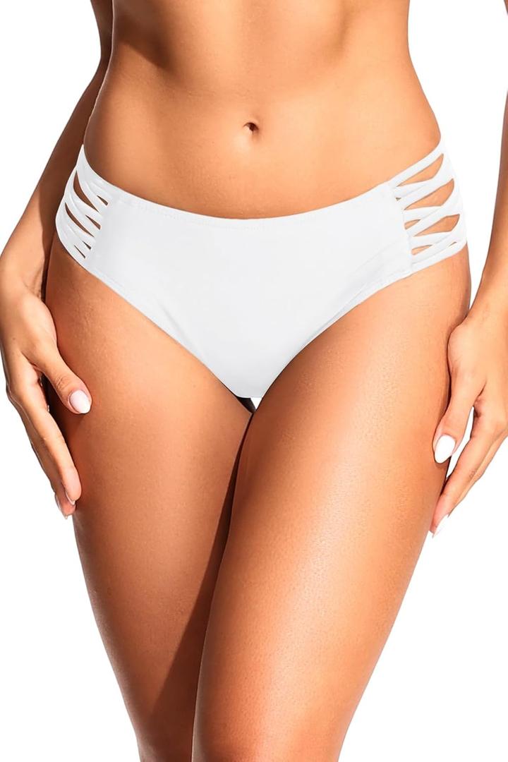 Zmart Strappy Bikini Bottoms - Women's Full Coverage Bathing Suit Mid Waist Swimsuit Bottom (Medium, White)