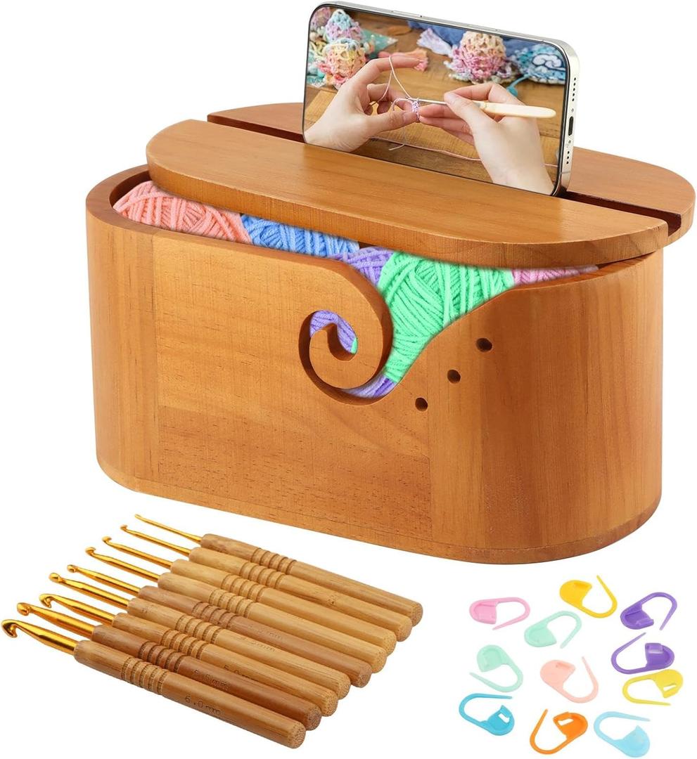 Oval Yarn Bowl, Crochet Yarn Holder with 9pcs Knitting Hooks, Large Wooden Yarns Storage Crochet Bowl with Double Curling Slot Knitting Gift for Crocheters