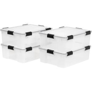 IRIS USA WeatherPro 41 Qt Storage Bins with Lids, 4 Pack, BPA-Free Plastic Gasket Box with Tight Latch and Seal, Stackable Nestable Tote Tub - Clear/Black