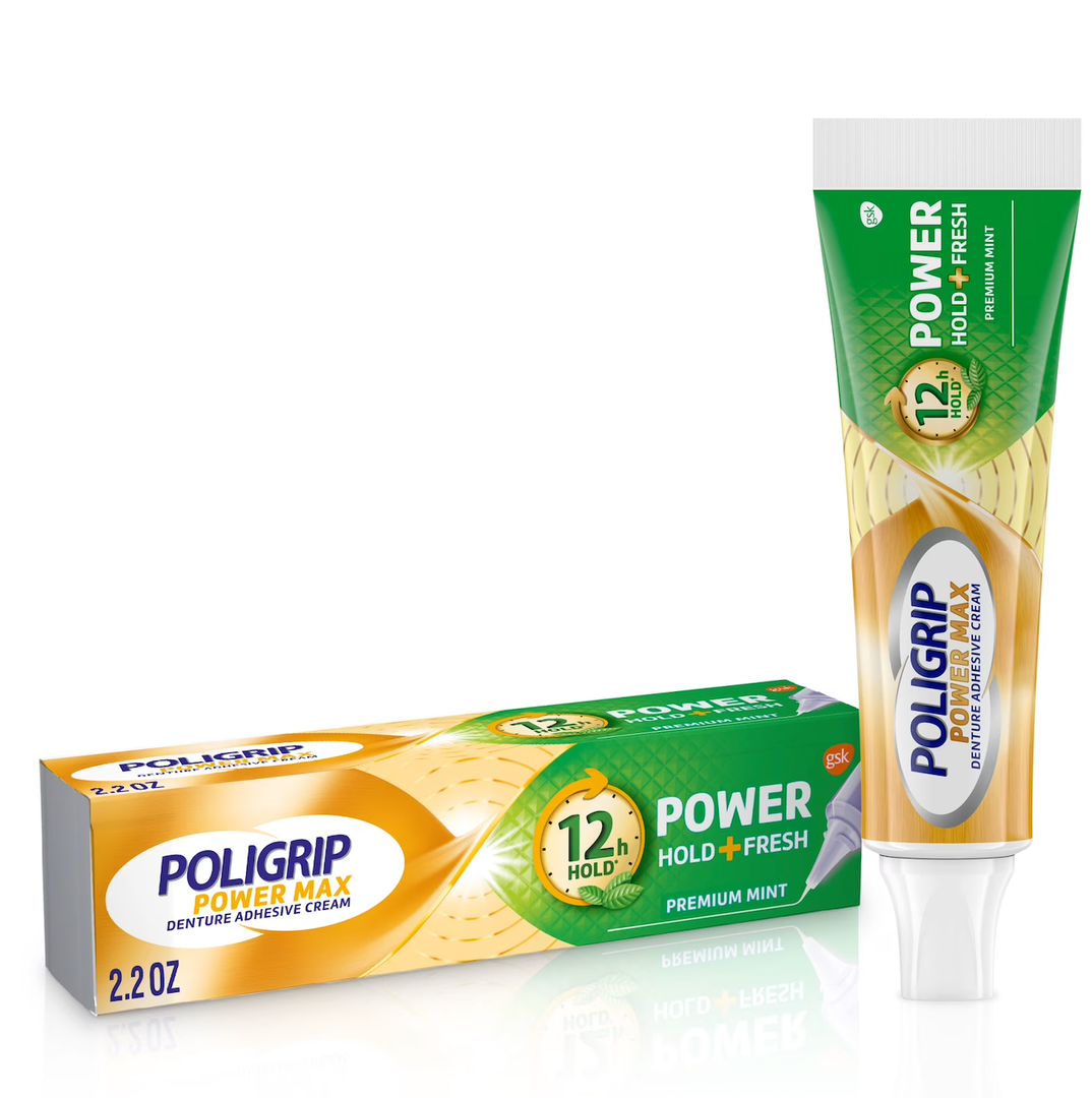 Poligrip Power Max Power Hold plus Seal Denture Adhesive Cream, Denture Cream for Secure Hold and FRESH Flavor Free - 2.2 oz (Pack of 4)