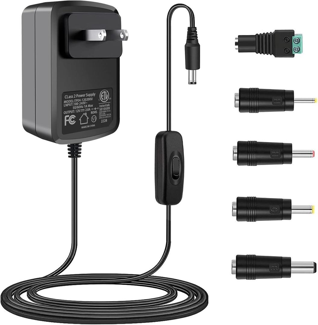 12V 2A Power Adapter with Inline on Off 24W Switch Supply with 5 Selectable Plugs