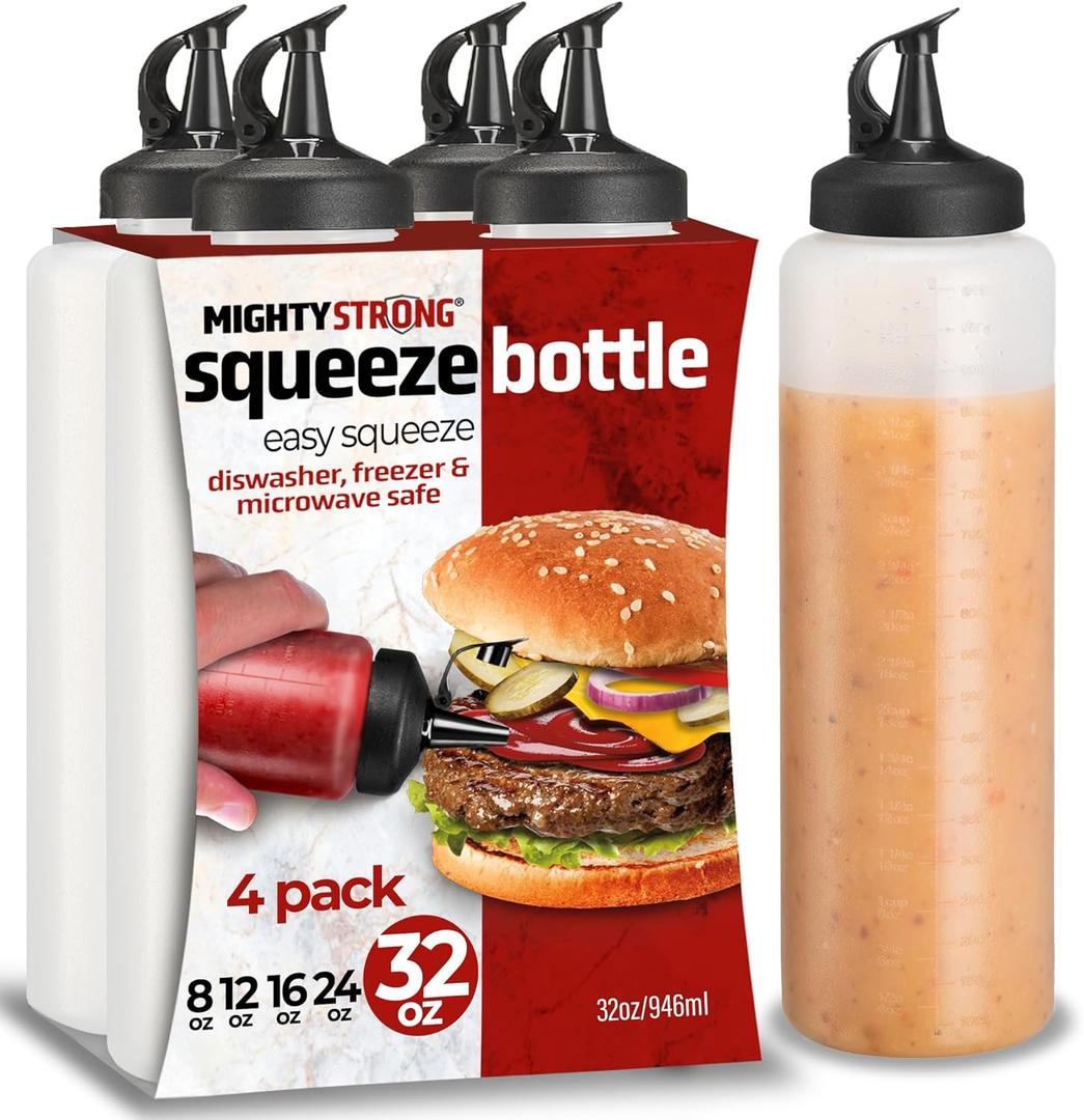 Condiment Squeeze Bottles - 32 Oz Squirt Bottles for Liquids, Easy Pour Sauce Bottles with Leak Proof Snap Cap