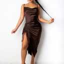 Women's Spaghetti Strap Satin Dress Sexy Backless Drawstring Ruched Split Hem Cocktail Evening Party (Brown, XXL)