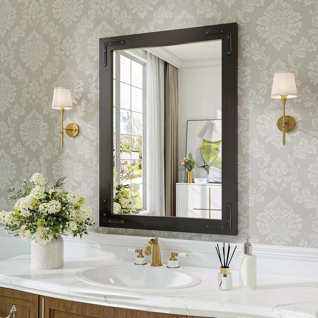 Black Farmhouse Bathroom Mirror, 22x30 Inch Black Wooded Framed Vanity Mirror for Wall, Rectangular Rustic Wall Decor Mirrors for Entryway Living Room Bedroom