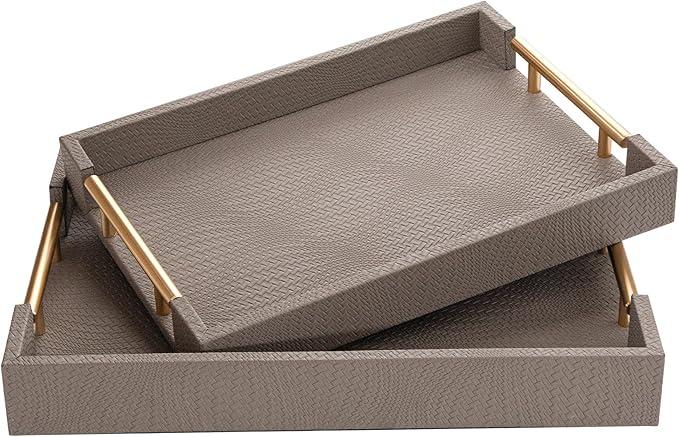 MACVAD 2 Piece Woven Leather Ottoman Tray with Gold Handles, Perfect Rectangular Serving Tray for Living Room, Coffee Table Tray as Thoughtful Gift for Home Decor Enthusiasts (Coffee Brown)