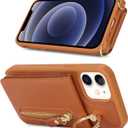 for iPhone 12 Mini Case with Card Holder for Women, for iPhone 12 Mini Phone Case Wallet with Strap Credit Card Slots Crossbody with Kickstand Zipper Case - Brown
