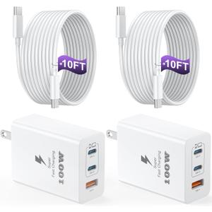 USB C Charger Block 100W, 3-Port GaN Super Fast Charger, Type C Wall Charger Adapter with 10ft USB C Charging Cable for MacBook Pro/Air,iPad Pro, iPhone 16/15Pro, S25/S24/S23 and More[2 Pack] (White)
