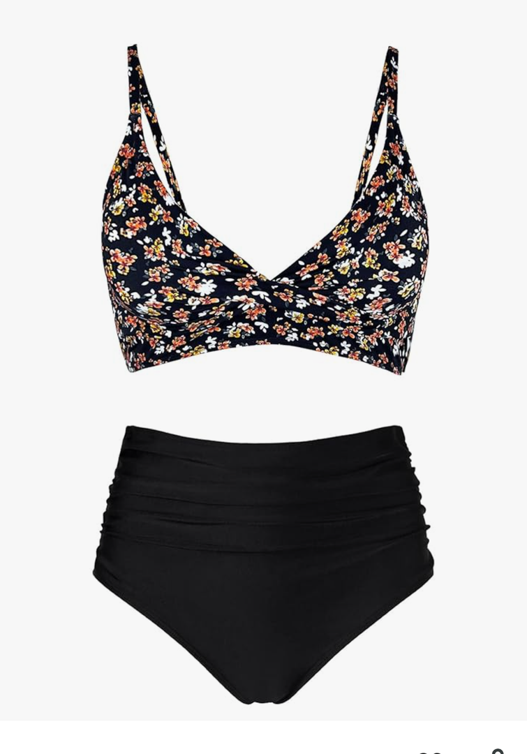 Women's High Waisted Bikini Sets Push Up Twist Front Spaghetti Straps Ruched Two Piece Swimsuit Bathing Suit Flower Black Medium
