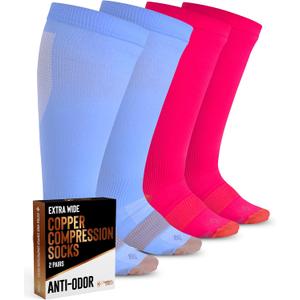 Doctor's Select Copper Plus Size Compression Socks Wide Calf - 2 Pairs | 20-30mmHg Extra Wide Calf Compression Sock Women | Extra Wide Calf Compression Sock for Traveling & Running | Copper Compression Socks Women & Men | Blue & Pink XL