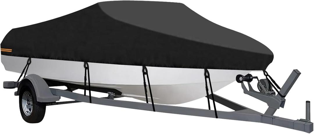 OutdoorLines Waterproof Boat Covers 14-16 Ft Long Black- Heavy Duty UV Resistant Trailerable Boat Covering for V-Hull,Tri-Hull, Bass, Runabout, Fish&Ski,Pro-Style Fishing Boat (14'-16',Beam width up to 68")
