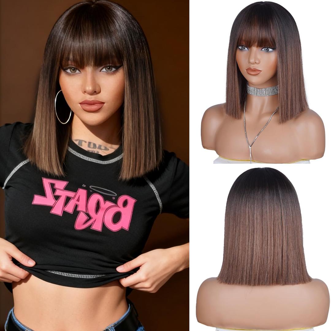 Elvirgel Bob Wigs with Bangs for Black Women Natural Looking Ombre Brown Wig Shoulder-Length Synthetic Heat Resistant Wigs for Daily Party Costume Halloween