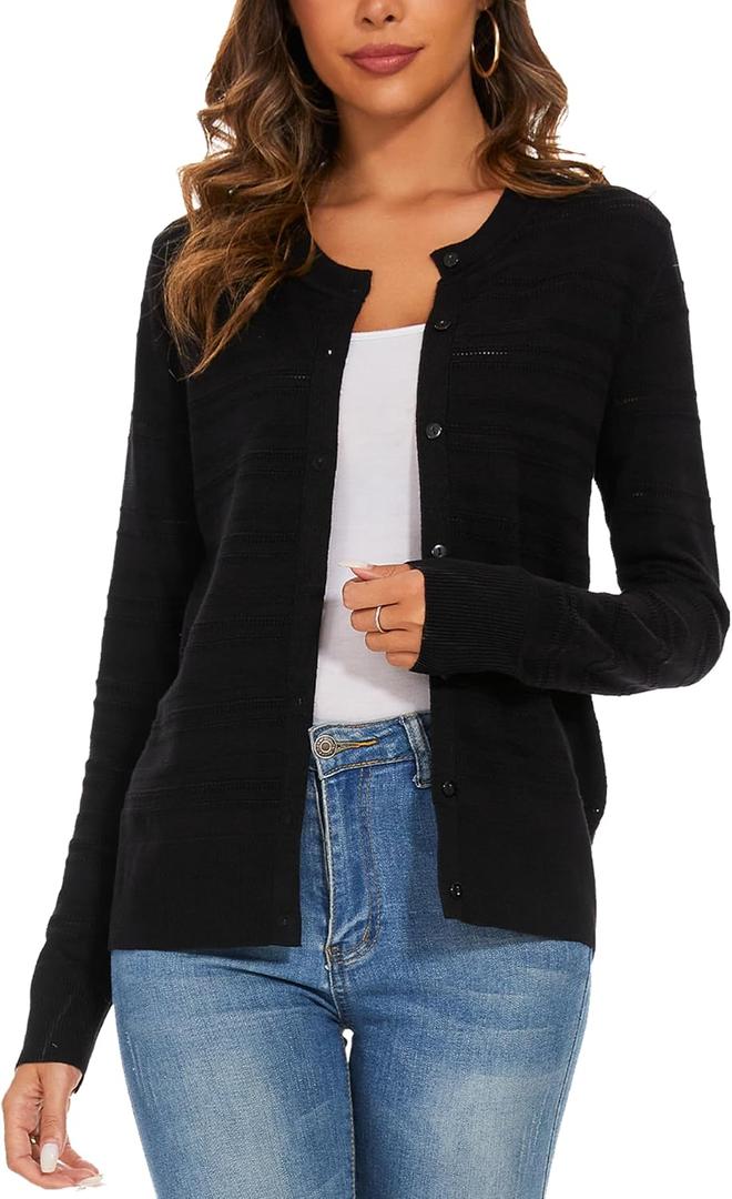 Women's Crew Neck Button Down Hollow Out Stripes Long Sleeve Cardigan Sweater (XX-Large, 2319-black) Women's Crew Neck Button Down Hollow Out Stripes Long Sleeve Cardigan Sweater (XX-Large, 2319-black)