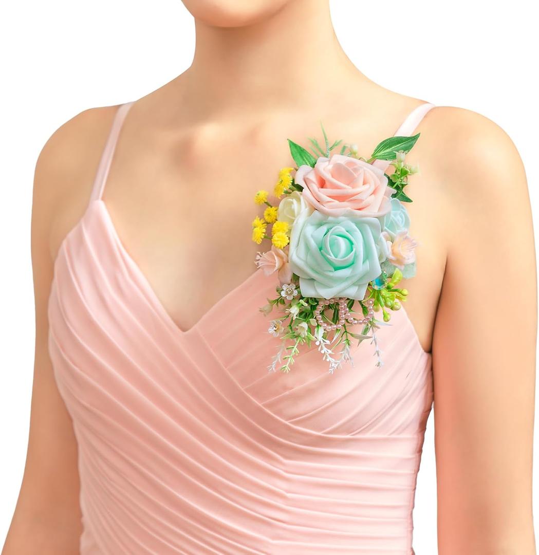 TINGE TIME Artificial Shoulder Corsages Flowers, Set of 2, Mother of The Bride Floral Corsage for Wedding Ceremony Anniversary Formal Dinner Party (MintGreen&Pink)