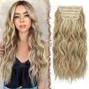 FESHFEN Clip in Hair Extensions - 4 PCS Long Wavy Thick Highlighted Clip in Hairpieces Synthetic Hair Extension for Women, Dirty Blonde 20 Inch