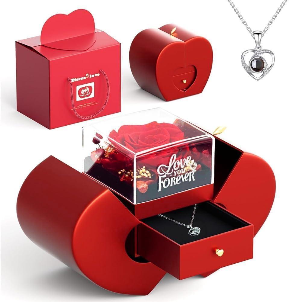 Preserved Red Real Rose with I love you Necklace 100 Languages, Forever Flowers Rose Birthday Gifts for Girlfriend, Mom, Grandma, Wife, Idea on Christmas, Valentine, Mother's Day, Anniversary (Red)