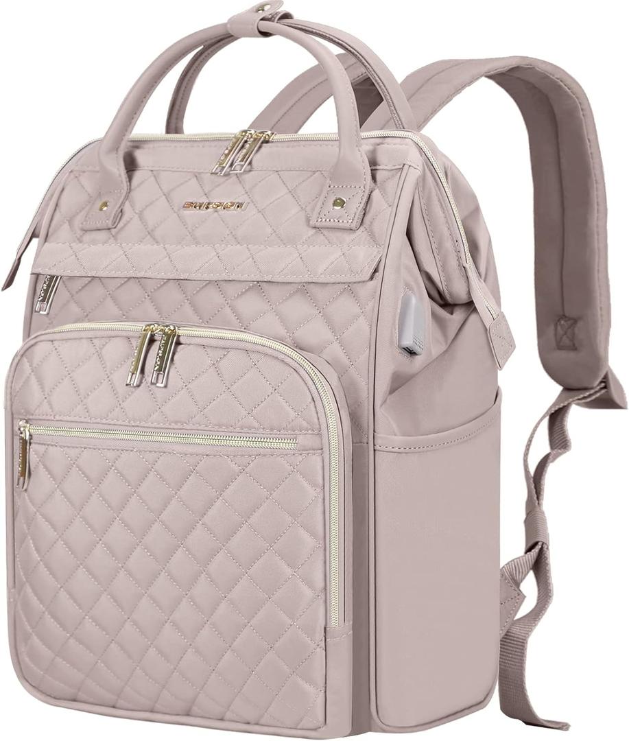 EMPSIGN 17 Inch Laptop Backpack for Women, Work Business Travel Computer College Bags, Large Capacity Water-repellent Quilted Casual Daypack with USB Port, Dusty Pink