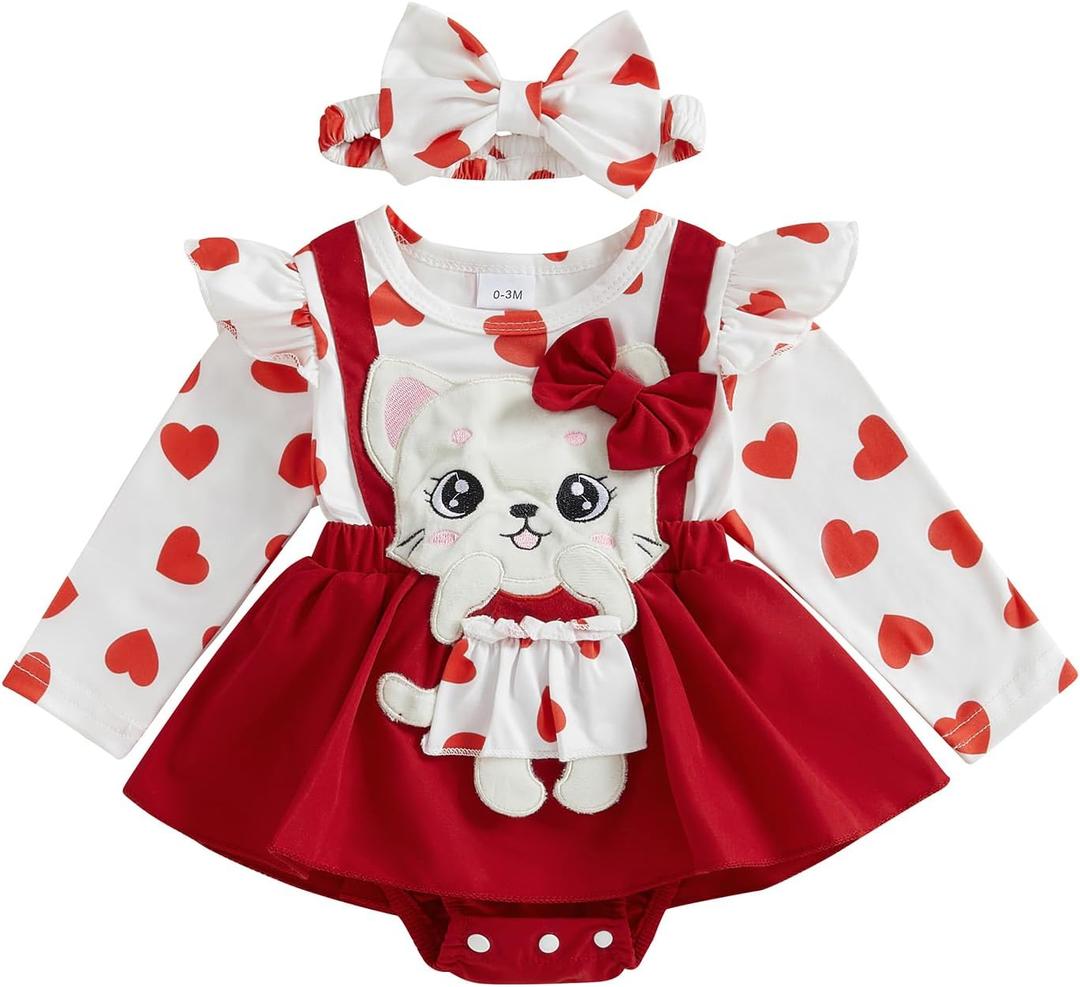 Baby Girl New Years Outfit Firework Number Letter Print Mesh Long Sleeve Romper Dress and Bow Headand 2 Pcs Set (Red)