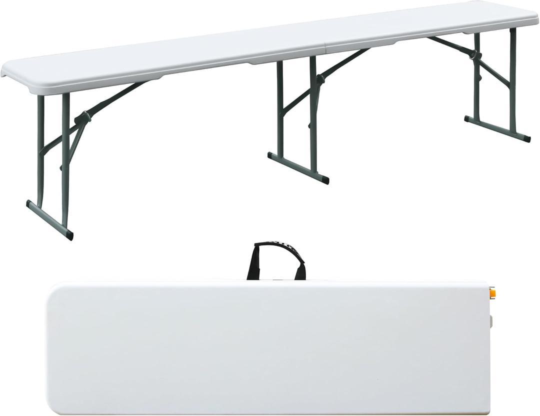 Folding Bench, 6FT Plastic Foldable Bench with Handles, Outdoor Portable Stackable Bench for Party Camping and Picnic, White (6FT - 1 QTY)