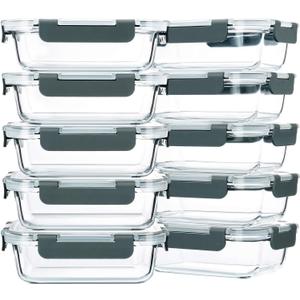 M MCIRCO 10-Pack,22 Oz Glass Meal Prep Containers,Glass Food Storage Containers with lids,Lunch Containers,Microwave, Oven, Freezer and Dishwasher (Gray), 1 Compartment