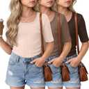 3 Pack Girls Half Sleeve Tops Ribbed Knit Short Sleeve U Neck Shirts 5-14 Years Kids Slim Scoop Neck Basic Tees