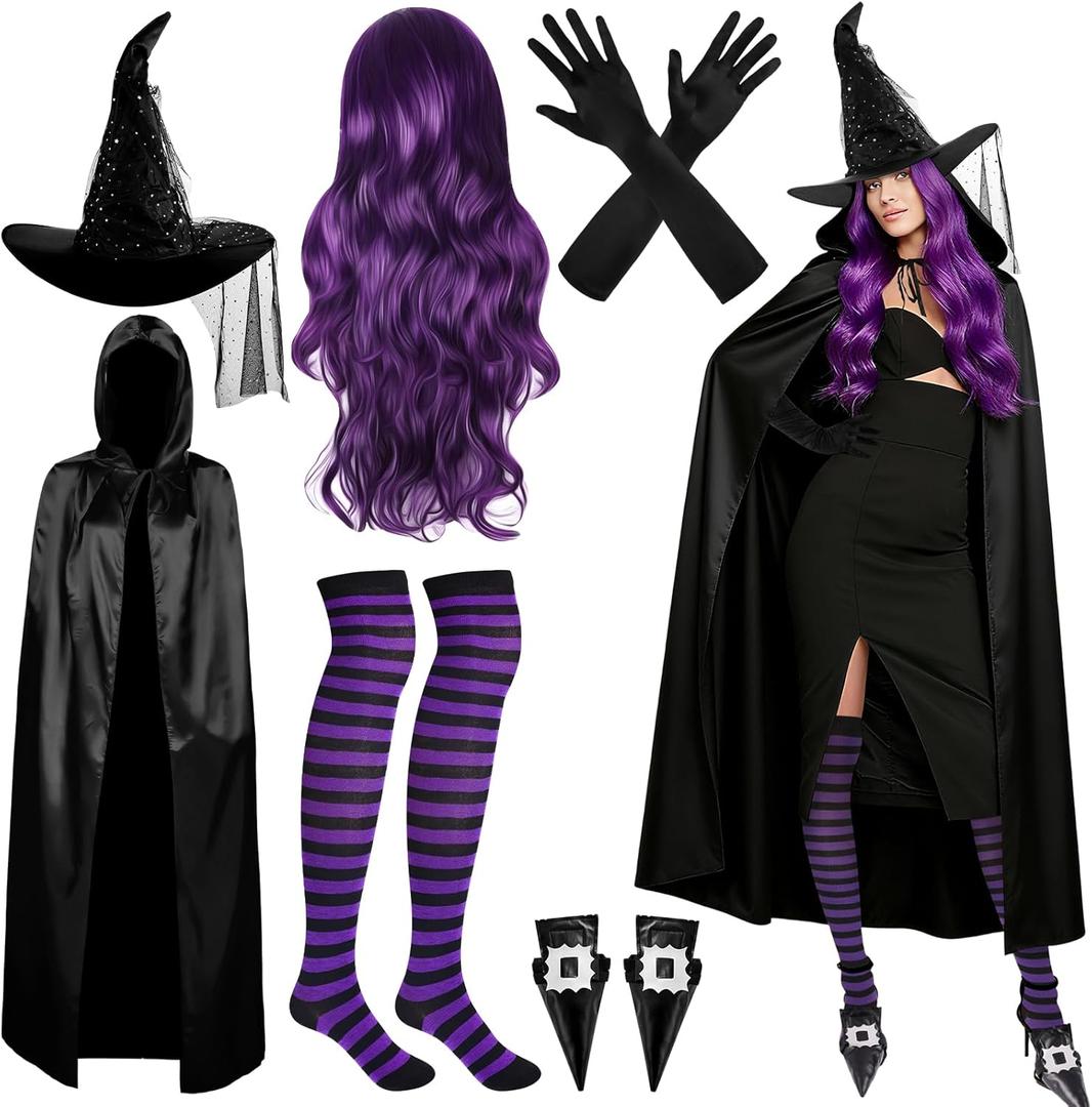 Olgaa 6 Pcs Womens Halloween Witch Costumes Set 2025 Adult Wig Hats Gloves Stockings Shoe Covers Cloak for Girl Party Cosplay Accessories Purple