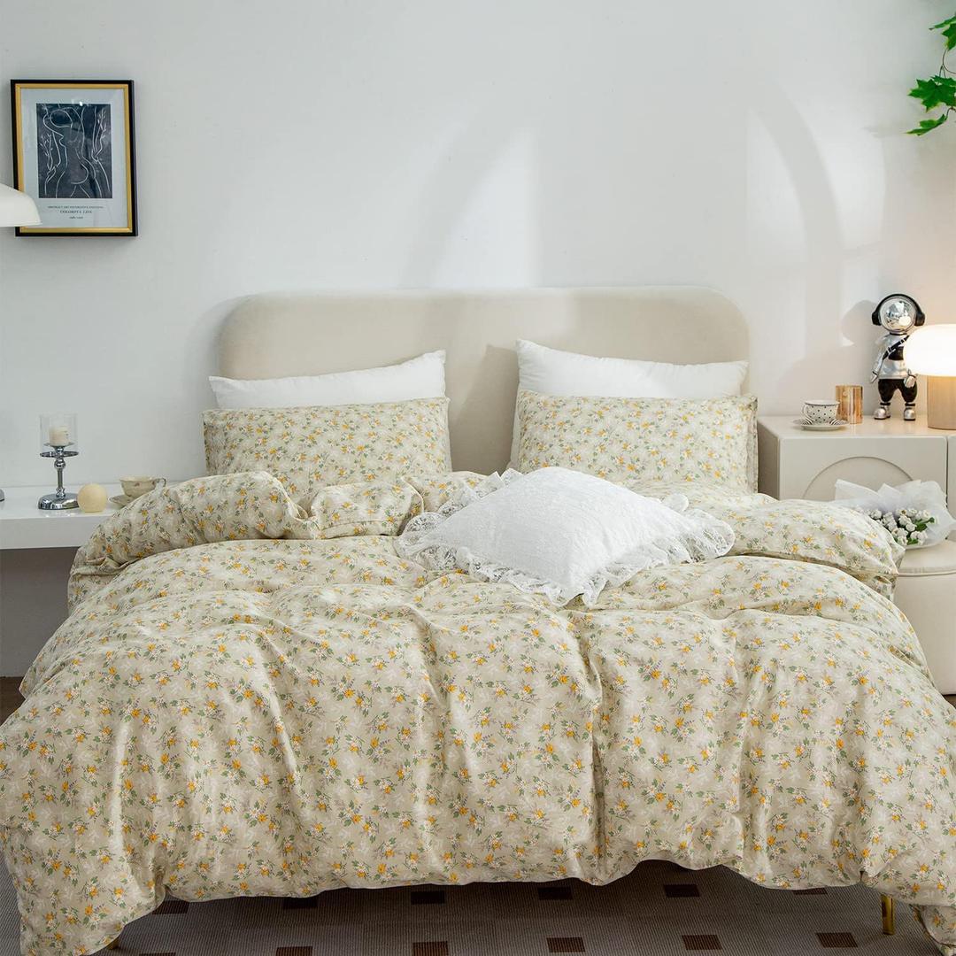 Twin Duvet Set Flowers, 100% Cotton 3 Pieces Twin Floral Bedding Set, Garden Style Yellow Floral Pattern Twin Duvet Cover Floral, with Zipper Closure, Luxury Soft Breathable Comfy (Floral, Twin)