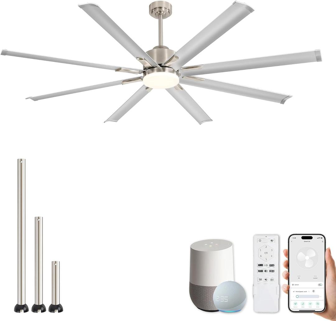 ZMISHIBO 72 inch Smart Aluminium Blade Ceiling Fans with Lights and Remote, Outdoor Large Ceiling Fans with Remote/Alexa/App for Patio Living Room, Nickel Ceiling Fan, 8 Blades