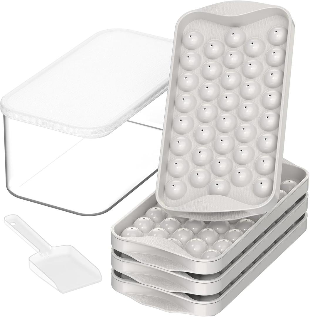 DOQAUS 4 Pack Round Ice Cube Trays with lid and Bin, Easy Pop Out with Cover for Freezer, Compact Storage Ice Bucket Kits, Scoop for Baby Food, Cocktail, Coffee (Gray)