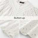 ZESICA Women's Casual Blouse Tops Puff Long Sleeve Button V Neck Hollow Out Eyelet Lace Embroidered Shirt Dressy (White, M)