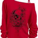 COZYEASE Women's Plus Size Skull Graphic Tee Cut Out Asymmetrical Neck Long Sleeve T Shirt Loose Y2K Tops (X-Large Plus, Red)
