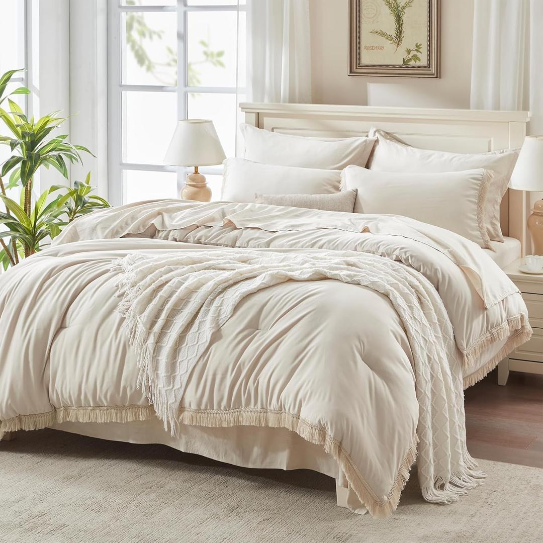 Andency Beige Comforter Set Full Size with Sheets -7 Pieces Boho Tassel Bed in a Bag Soft Lightweight Bedding Sets, All Season Fringe Bed Set with Comforter, Sheets, Pillowcases & Shams, 79*90In