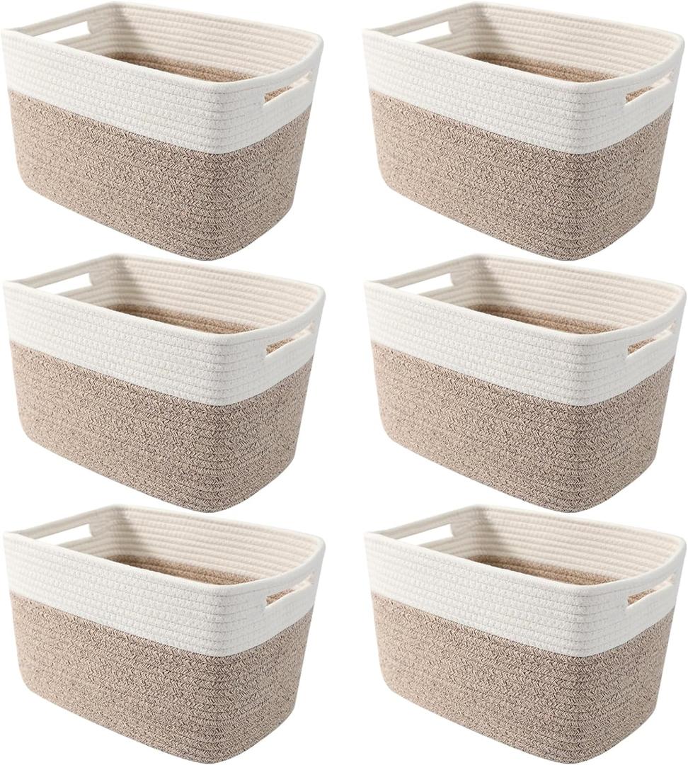 6 Pack Woven Rope Baskets,12.6"9"7.8" Storage Bins for Toys/Books/Towels/Clothes Organizer & Shelf Boxes,Gifts Baskets Empty for Nursery/Living Room/Nursery/Bedroom/Home Decor,White&Brown
