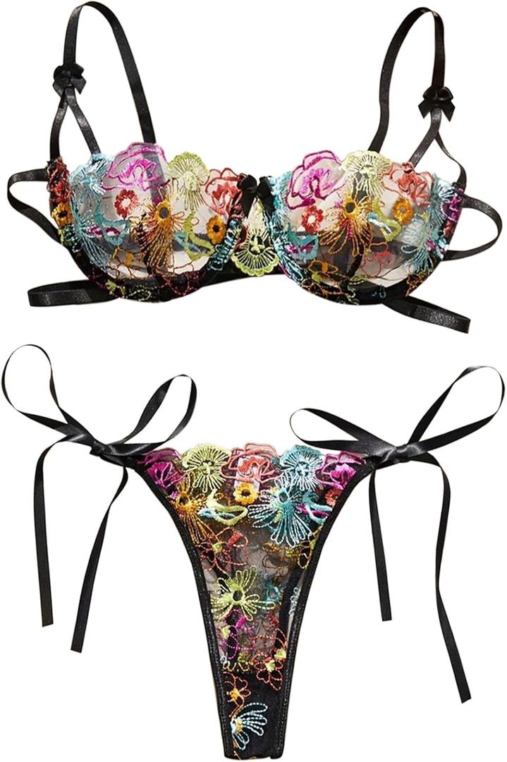 Lilosy Sexy Tie Side Cute Underwire Push Up Strappy Embroidered Mesh Sheer Lingerie Set (Small, Bow Multicolor Black)