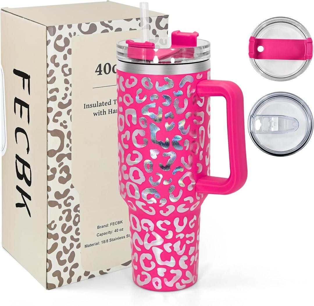 40 oz Tumbler with Handle and Straw, 100% Leak-Proof Travel Mug, Stainless Steel Double Wall Vacuum Insulated Coffee Cup Keeps Cold For 34 Hours, Dishwasher Safe, Hot Pink Leopard